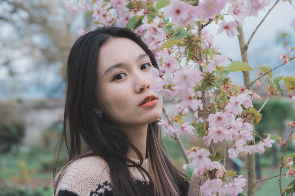 A serene portrait of a woman standing beside blossoming cherry trees in a springtime garde