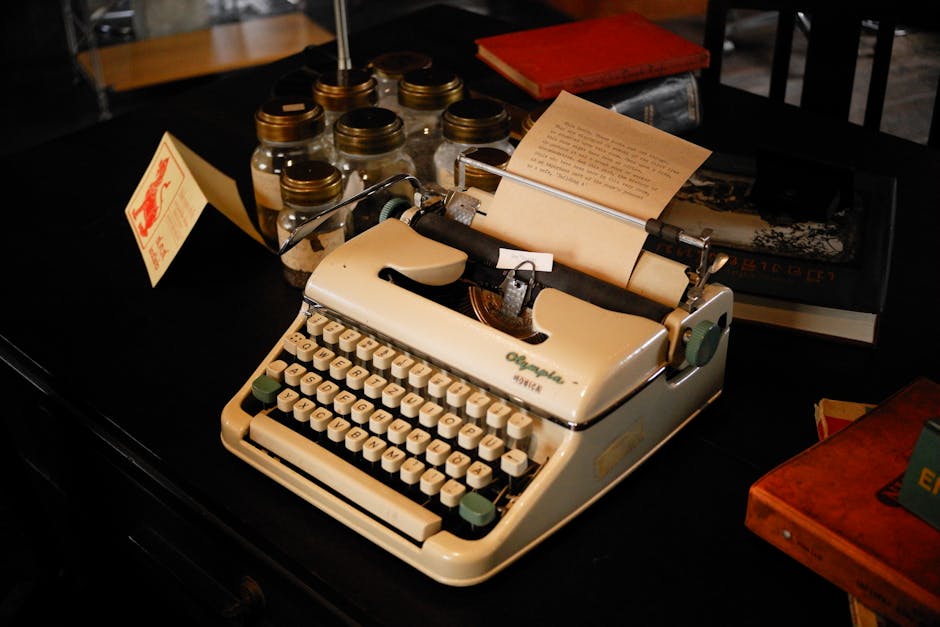A nostalgic scene of a vintage typewriter and books on a dimly lit desk, evoking a retro feel.